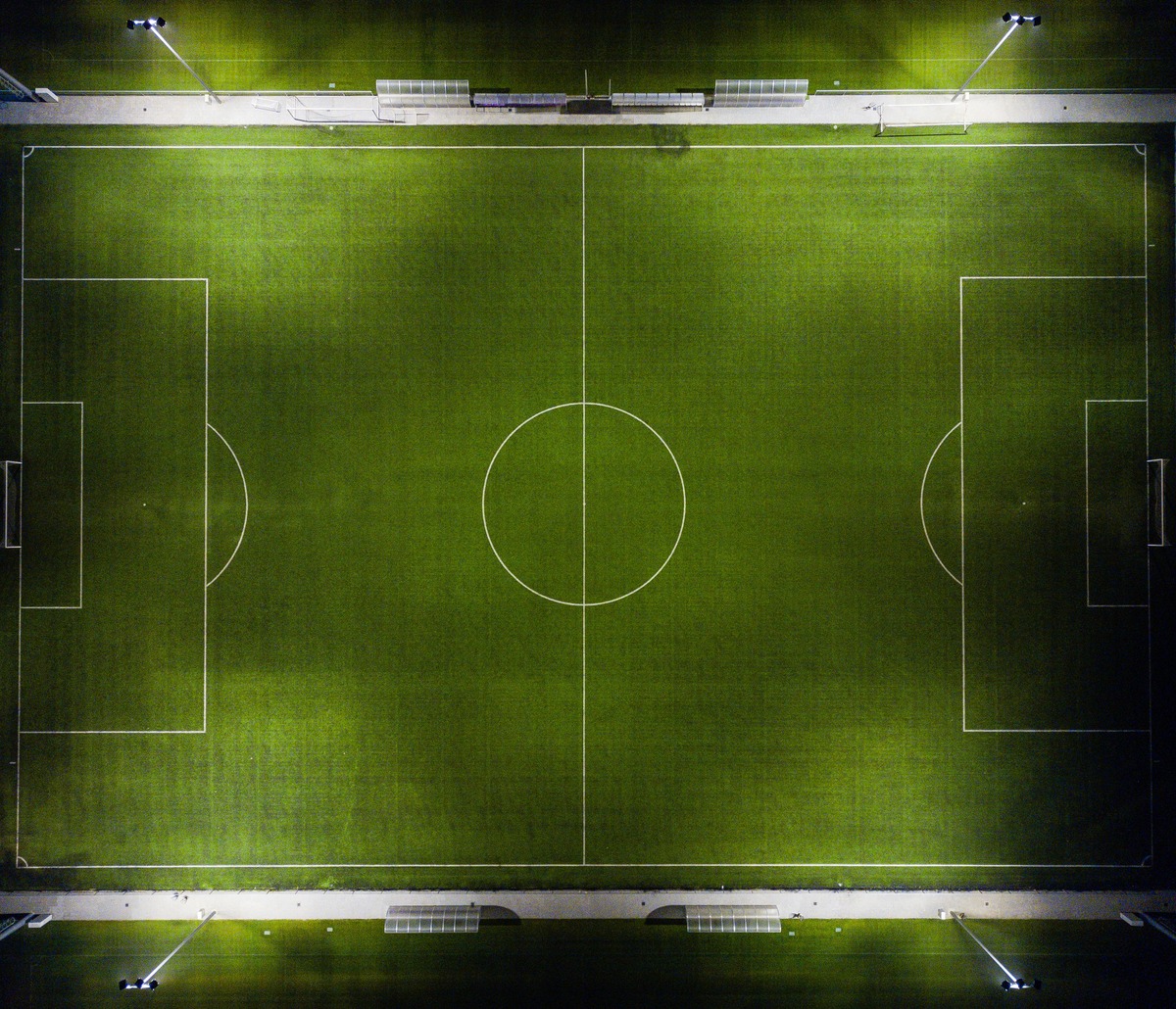 A top down view of a soccer pitch