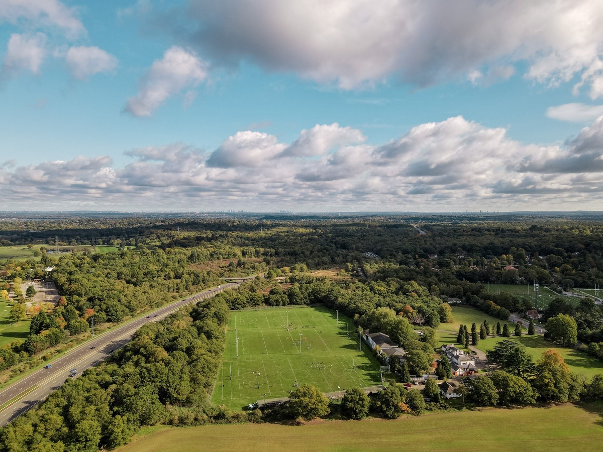 An aerial view of a soccer pitch